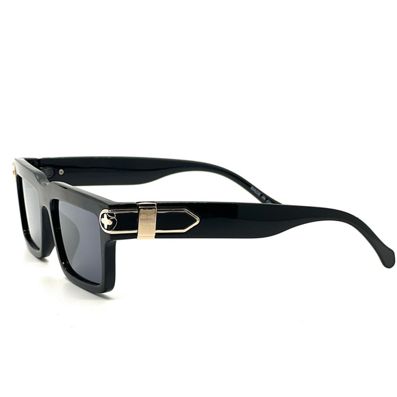 Men's Black Square Sunglasses Gold Accent Detail Dark Lenses Eyewear Cholo Shade - Picture 6 of 7